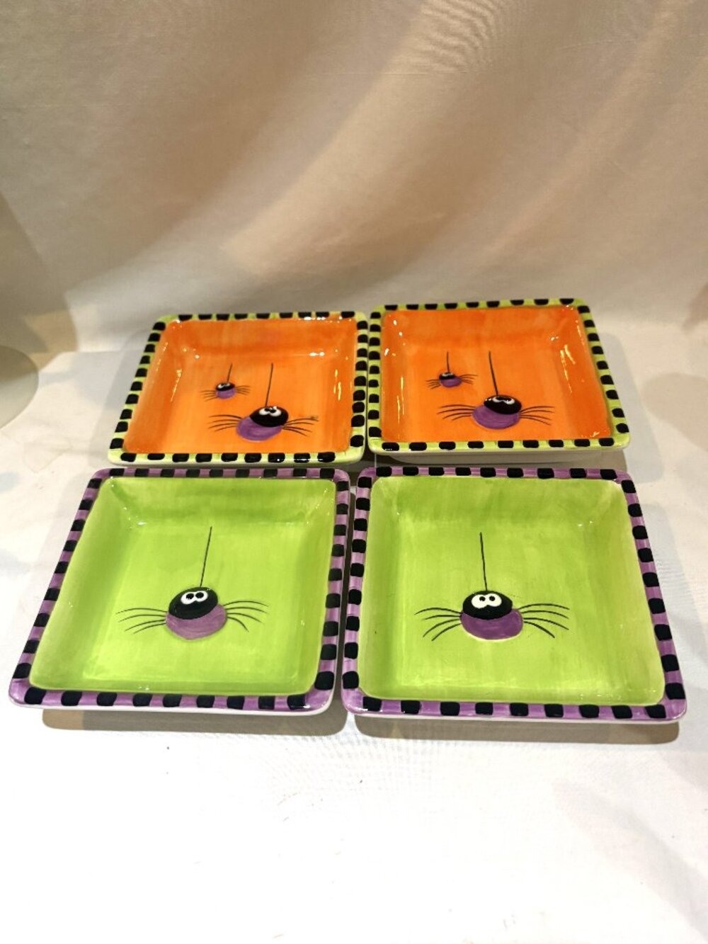 Set of 4 Square Ceramic Halloween Spider Bowls Candy Dish Trinket Dish 4.75"